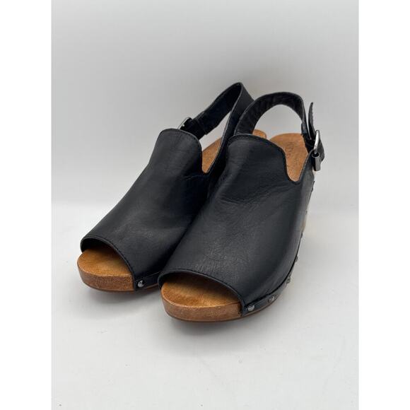 Women’s KDB Black Brown Clogs Block Sandal Leather Studded Wood Heels Sz 6.5 - Picture 1 of 7